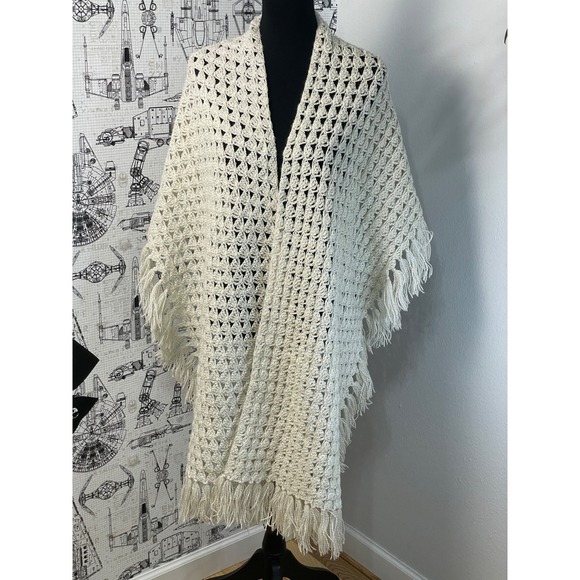 Handmade Crochet Shawl Metallic Sparkle Ivory Fringe Boho Wrap - Picture 5 of 11